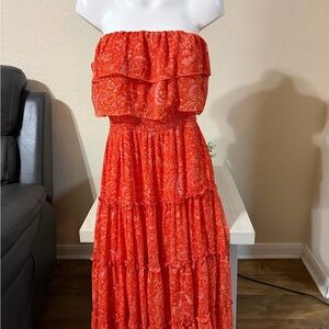 1. State Strapless Tiered Maxi Dress in Bright Coral Paisley